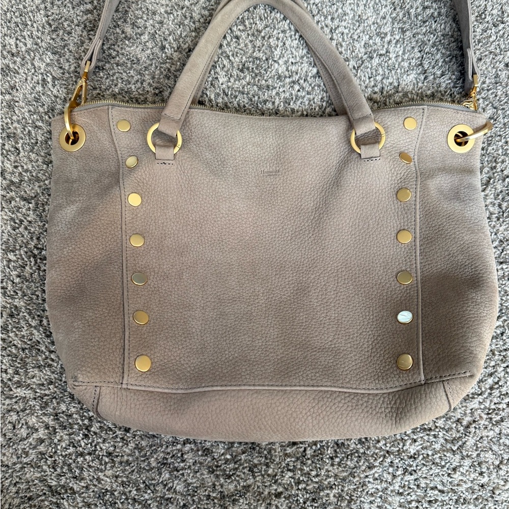 Taupe Leather Stud-Accent Tote Bag with Gold Hardware